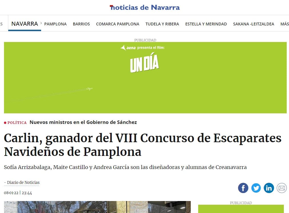 Carlin, ganador del VIII Concurso de Escaparates Navideños de Pamplona diseñado por estudiantes de Creanavarra